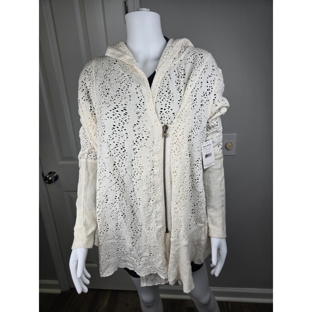NWT Free People  Doily Hoodie Cardigan  Zip Front  Open‎ Knit  Lace Ivory  M